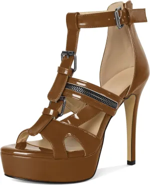 Soireelady Women's Platform High Heels Gothic Sandals Open Toe T-strap Stiletto Heels Peep Toe Punk Heeled Sandals 5 Inch