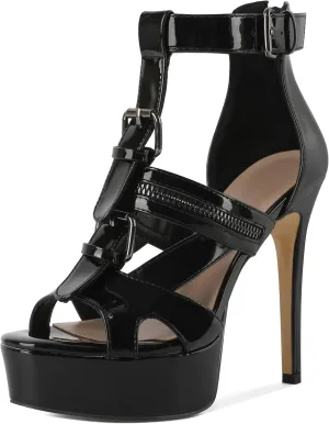 Soireelady Women's Platform High Heels Gothic Sandals Open Toe T-strap Stiletto Heels Peep Toe Punk Heeled Sandals 5 Inch