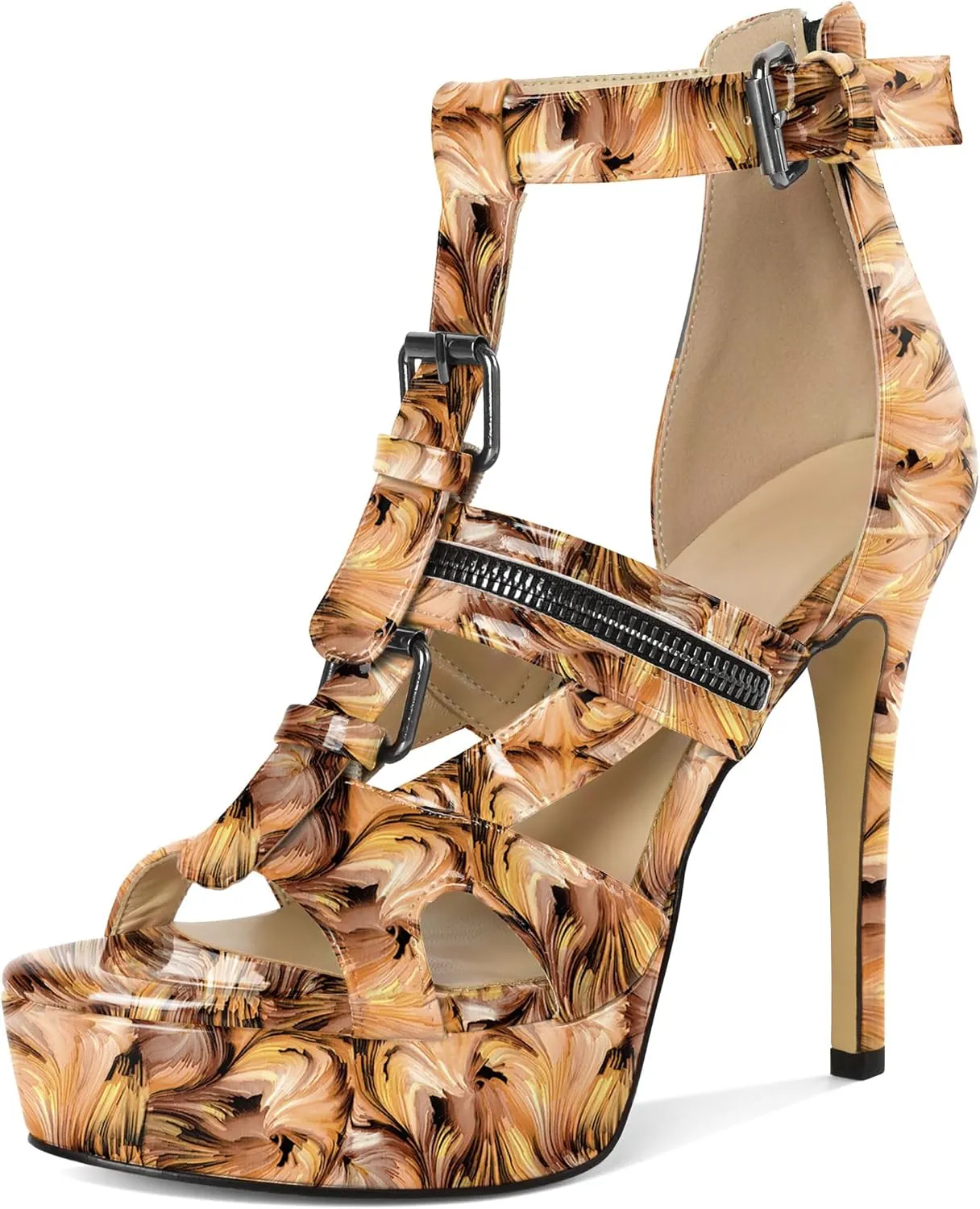 Soireelady Women's Platform High Heels Gothic Sandals Open Toe T-strap Stiletto Heels Peep Toe Punk Heeled Sandals 5 Inch