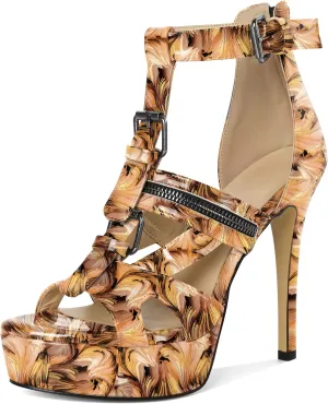 Soireelady Women's Platform High Heels Gothic Sandals Open Toe T-strap Stiletto Heels Peep Toe Punk Heeled Sandals 5 Inch