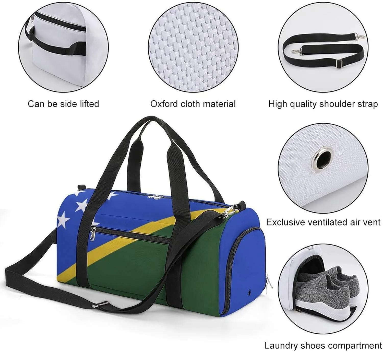 Sports Gym Bag Solomon Lslands Flag Duffel with Shoe Compartment Waterproof Travel Weekender