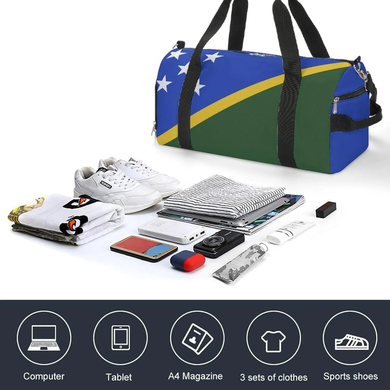 Sports Gym Bag Solomon Lslands Flag Duffel with Shoe Compartment Waterproof Travel Weekender