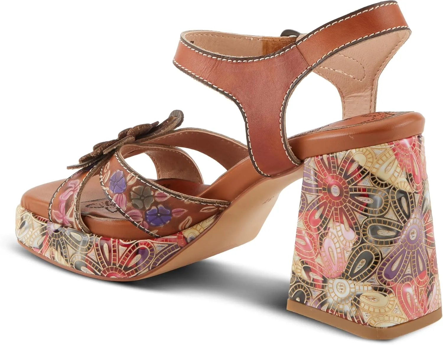 Spring Step L'Artiste Women's REFLECTIVE Platform Heeled Sandals - Chunky Heel, Hand-Painted Flower Detail, Padded Insole
