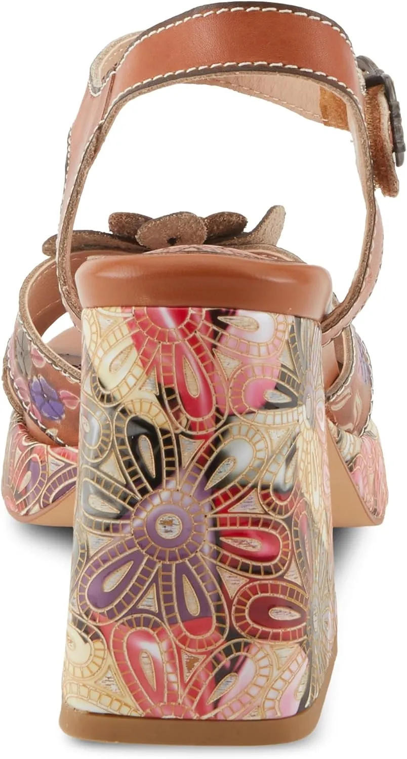 Spring Step L'Artiste Women's REFLECTIVE Platform Heeled Sandals - Chunky Heel, Hand-Painted Flower Detail, Padded Insole
