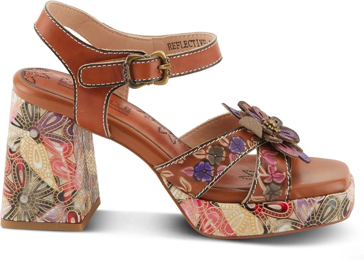 Spring Step L'Artiste Women's REFLECTIVE Platform Heeled Sandals - Chunky Heel, Hand-Painted Flower Detail, Padded Insole