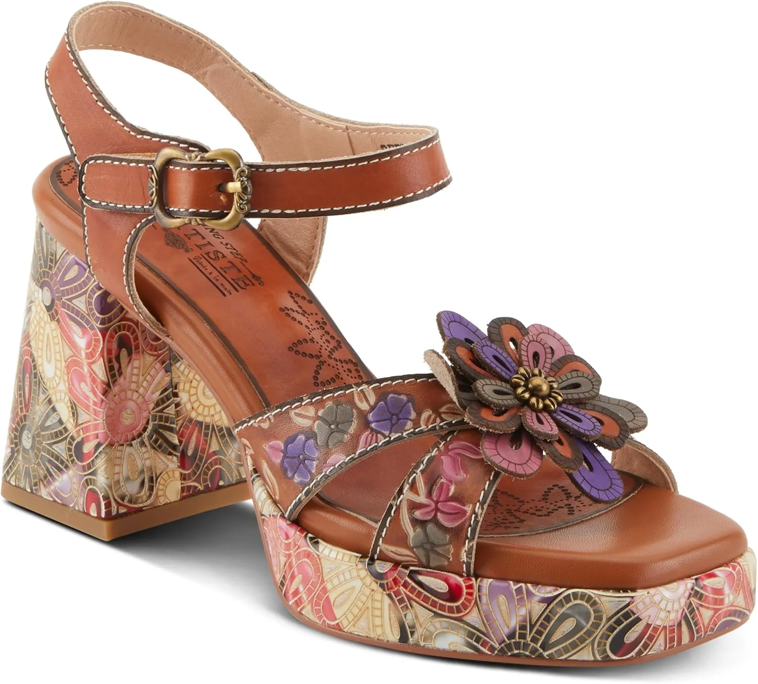 Spring Step L'Artiste Women's REFLECTIVE Platform Heeled Sandals - Chunky Heel, Hand-Painted Flower Detail, Padded Insole