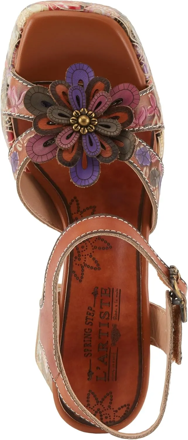 Spring Step L'Artiste Women's REFLECTIVE Platform Heeled Sandals - Chunky Heel, Hand-Painted Flower Detail, Padded Insole