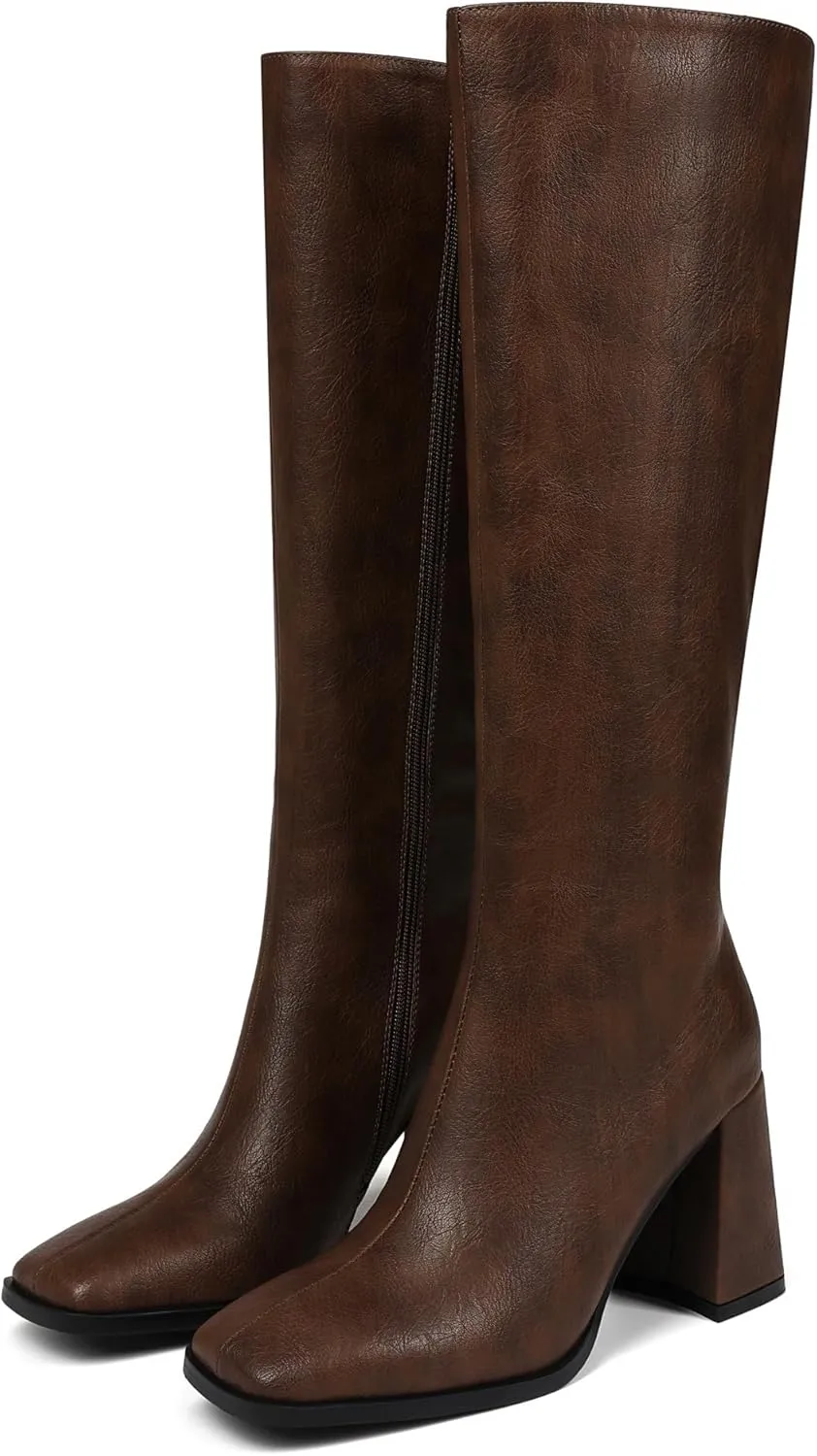 Square Toe Knee High Boots Women Chunky Block Heel Dress Tall Boots for Women High Heel GoGo Long Boots
