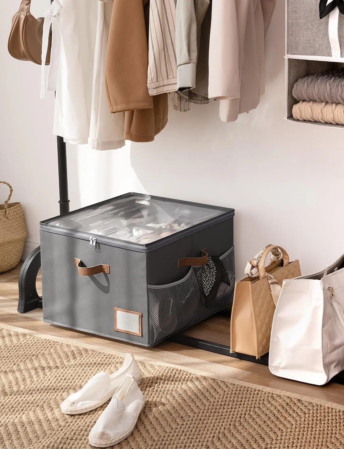 StorageWorks Shoe Organizer for Closet, Fits up to 16 Pairs, Shoe Cubby Storage Containers with Side Mesh Pocket and Clear Cover, Grey
