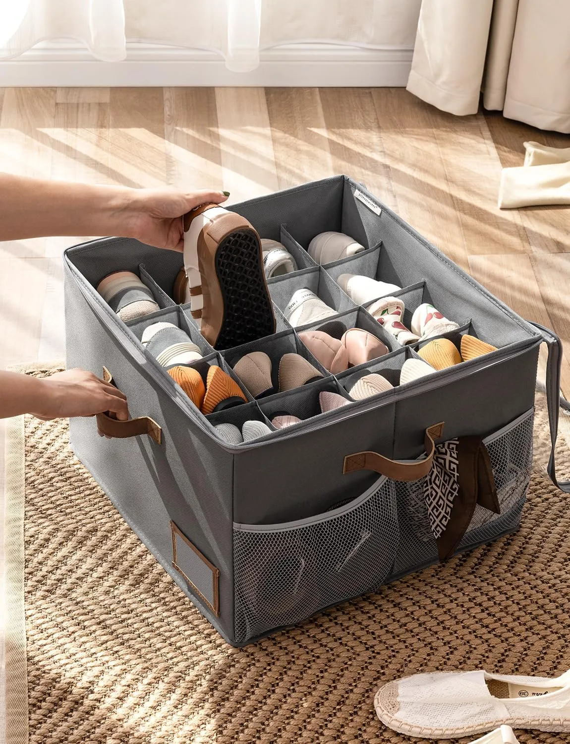 StorageWorks Shoe Organizer for Closet, Fits up to 16 Pairs, Shoe Cubby Storage Containers with Side Mesh Pocket and Clear Cover, Grey