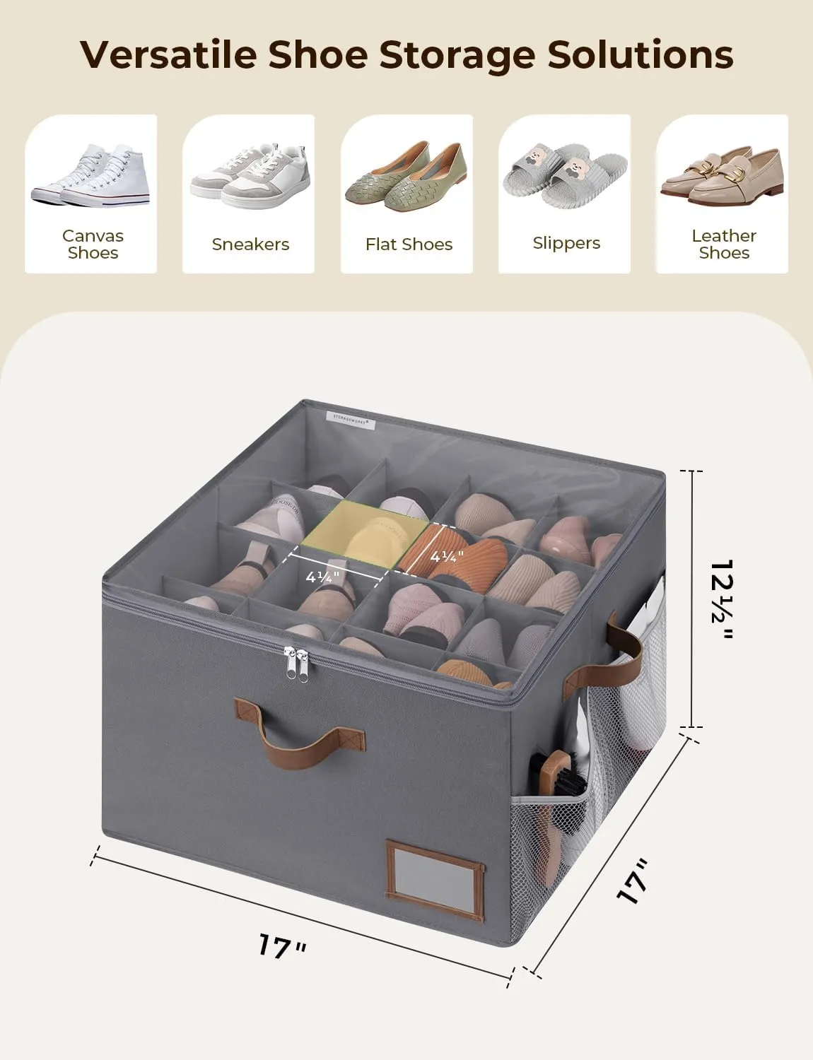 StorageWorks Shoe Organizer for Closet, Fits up to 16 Pairs, Shoe Cubby Storage Containers with Side Mesh Pocket and Clear Cover, Grey