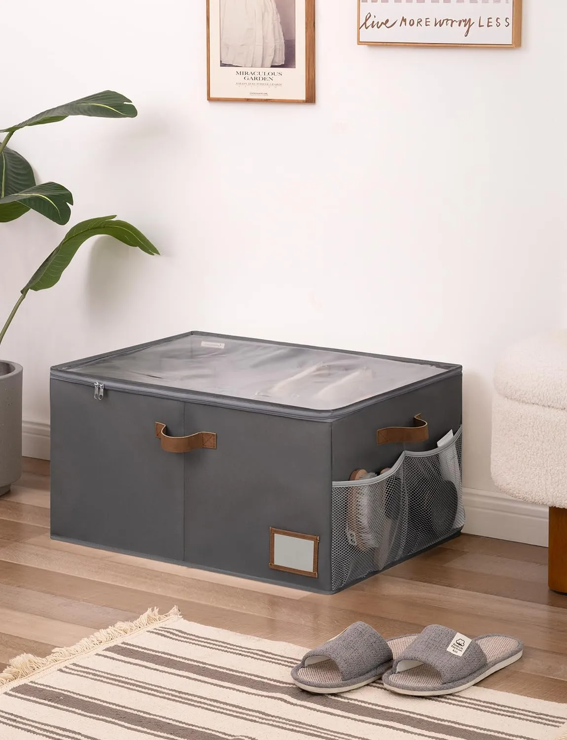 StorageWorks Shoe Organizer for Closet, Fits up to 24 Pairs, Shoe Cubby Storage Containers with Side Mesh Pocket and Clear Cover, Grey