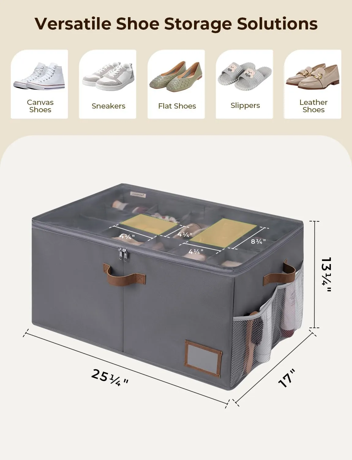StorageWorks Shoe Organizer for Closet, Fits up to 24 Pairs, Shoe Cubby Storage Containers with Side Mesh Pocket and Clear Cover, Grey