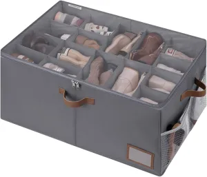 StorageWorks Shoe Organizer for Closet, Fits up to 24 Pairs, Shoe Cubby Storage Containers with Side Mesh Pocket and Clear Cover, Grey