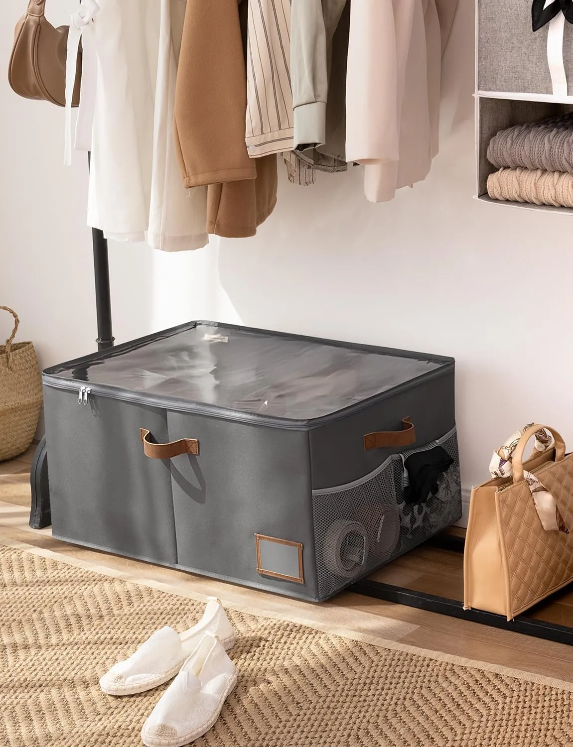 StorageWorks Shoe Organizer for Closet, Fits up to 24 Pairs, Shoe Cubby Storage Containers with Side Mesh Pocket and Clear Cover, Grey