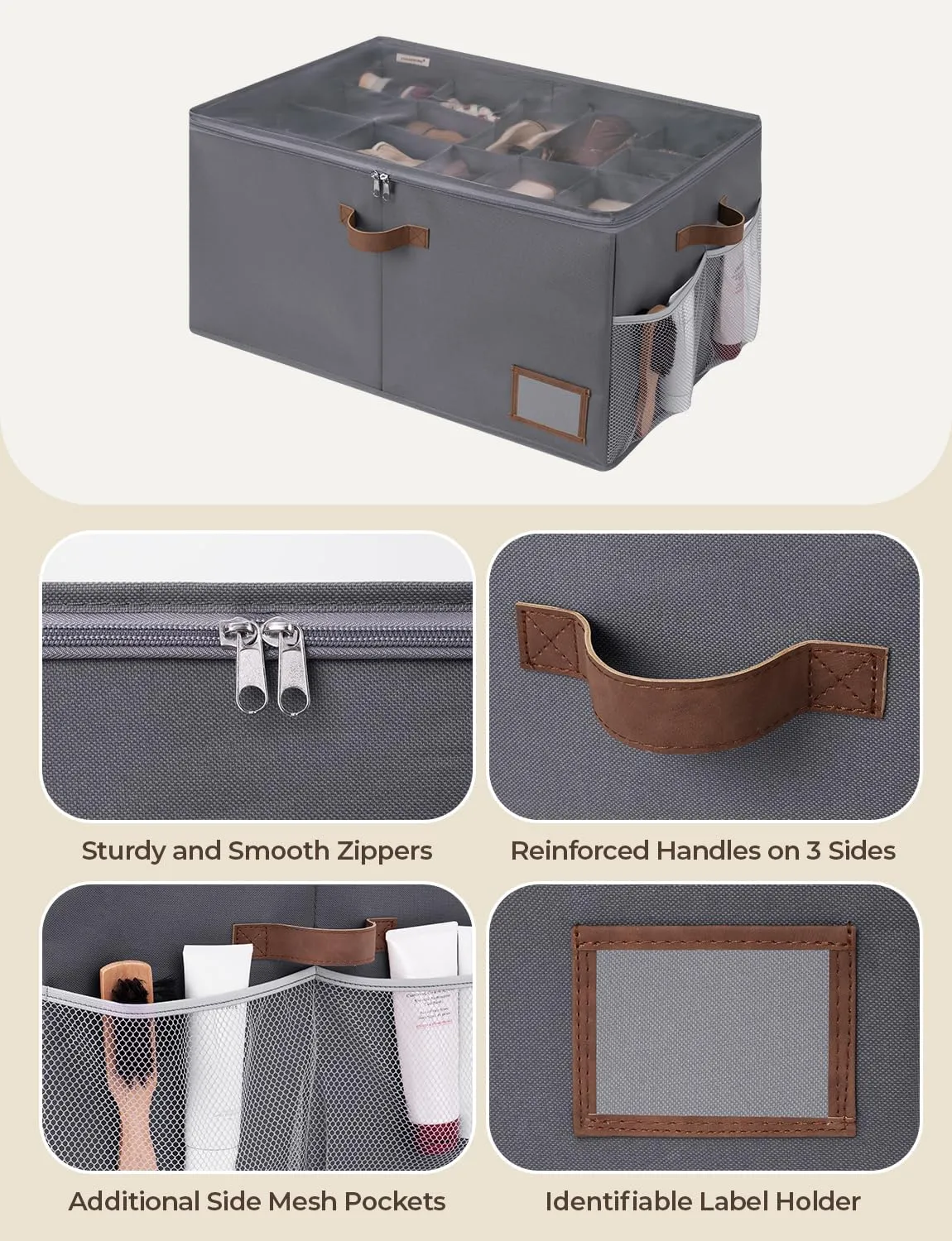 StorageWorks Shoe Organizer for Closet, Fits up to 24 Pairs, Shoe Cubby Storage Containers with Side Mesh Pocket and Clear Cover, Grey