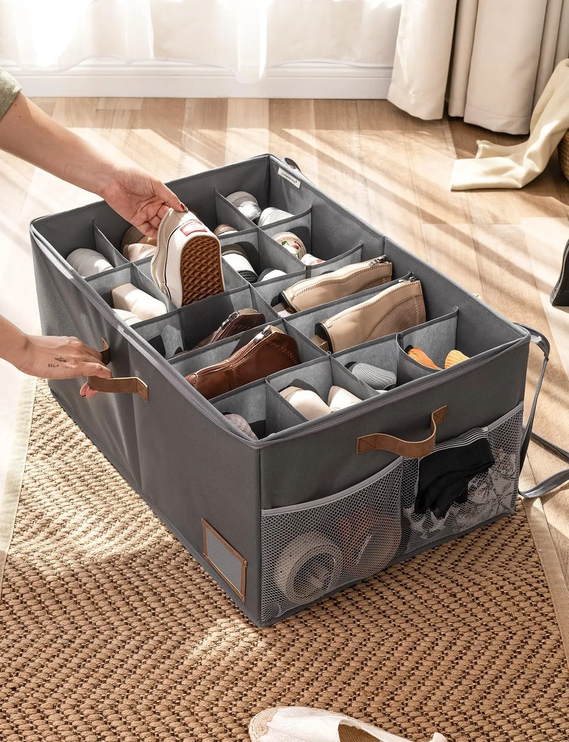 StorageWorks Shoe Organizer for Closet, Fits up to 24 Pairs, Shoe Cubby Storage Containers with Side Mesh Pocket and Clear Cover, Grey