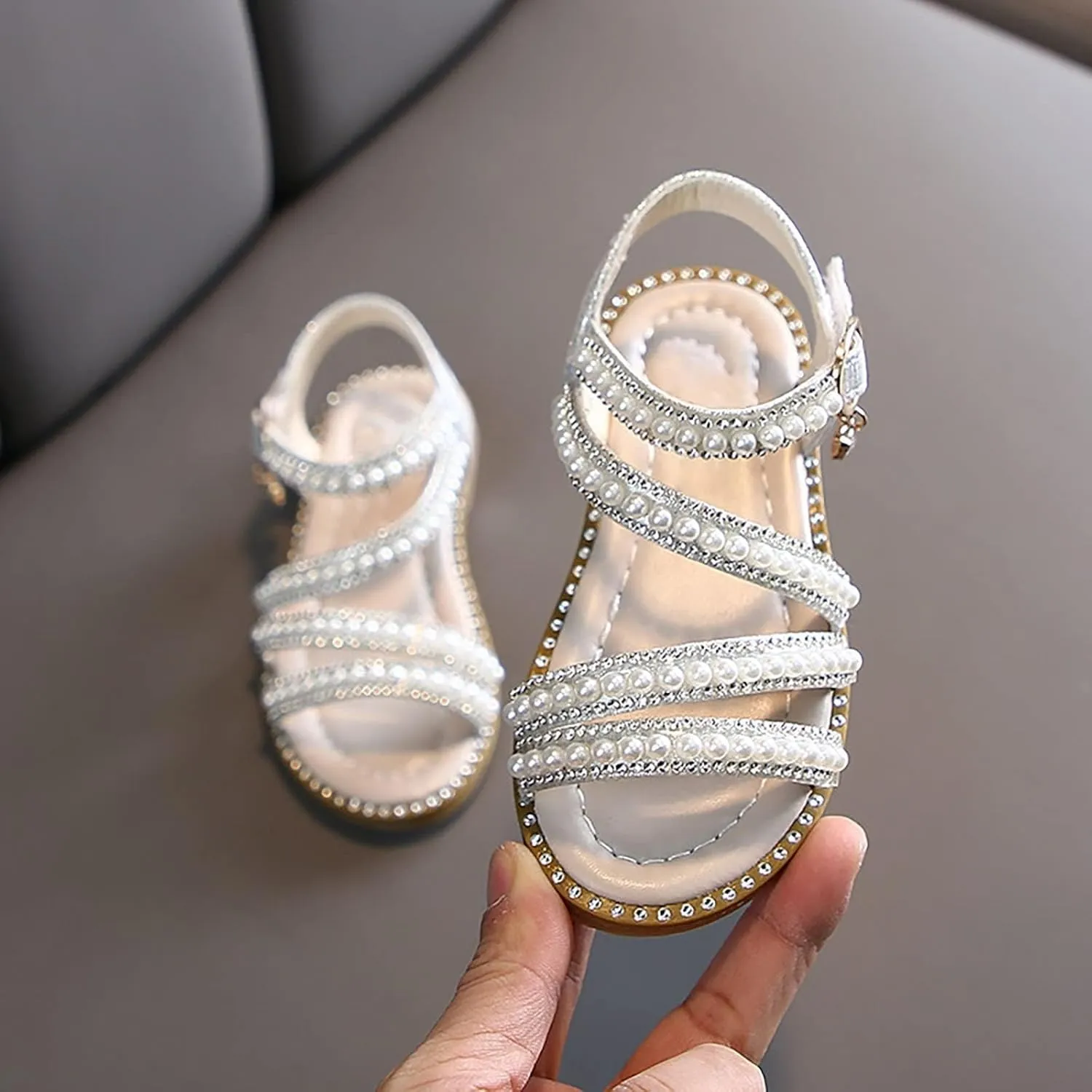 Strap Beaded Pearl Sequins Sandals for Girls Kids Princess Rubber Flat Wide Shoes Wedding Dance Open Toe Sandals Fancy