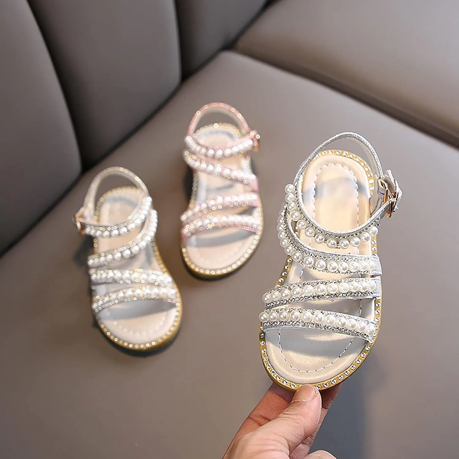 Strap Beaded Pearl Sequins Sandals for Girls Kids Princess Rubber Flat Wide Shoes Wedding Dance Open Toe Sandals Fancy