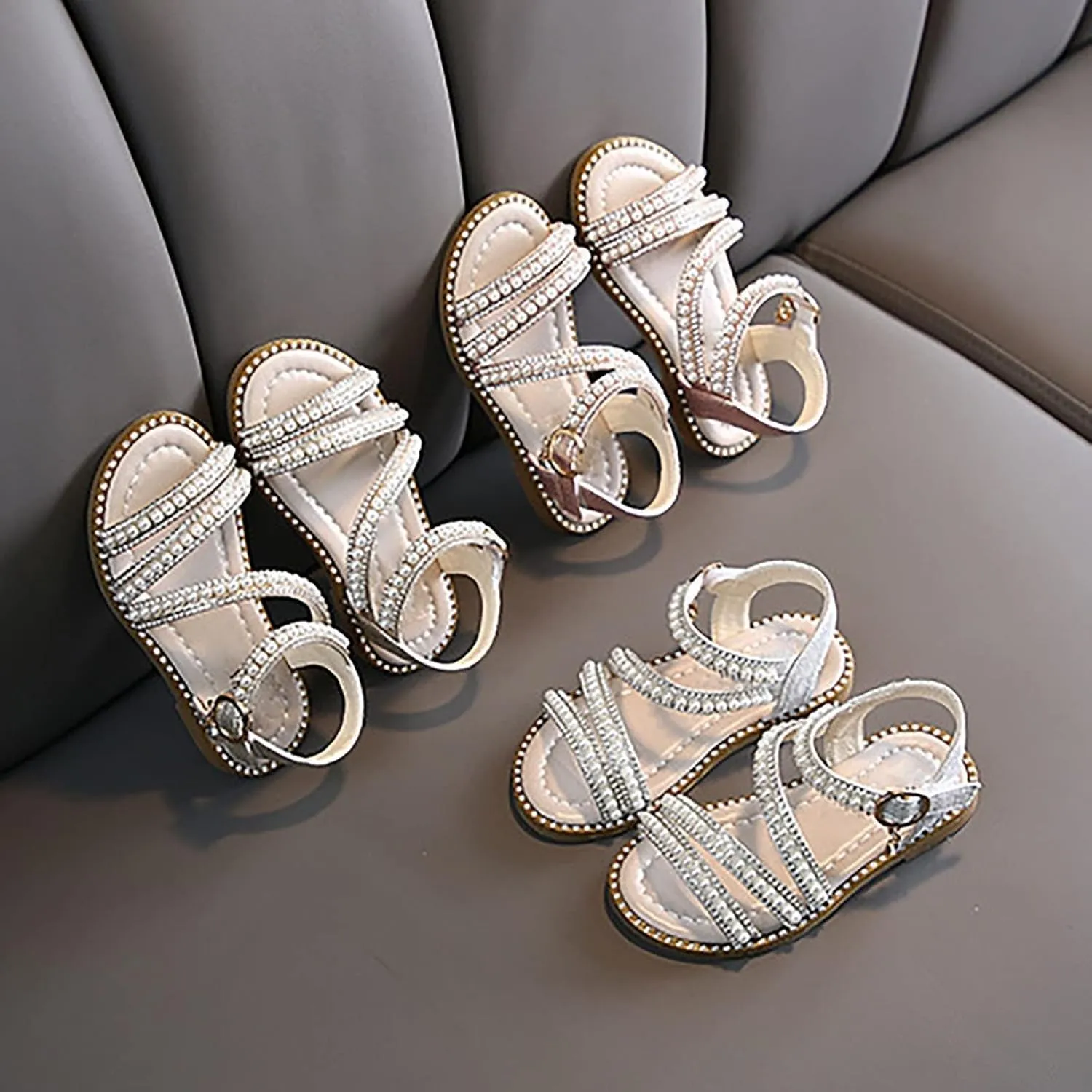 Strap Beaded Pearl Sequins Sandals for Girls Kids Princess Rubber Flat Wide Shoes Wedding Dance Open Toe Sandals Fancy