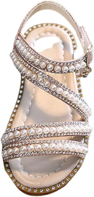 Strap Beaded Pearl Sequins Sandals for Girls Kids Princess Rubber Flat Wide Shoes Wedding Dance Open Toe Sandals Fancy