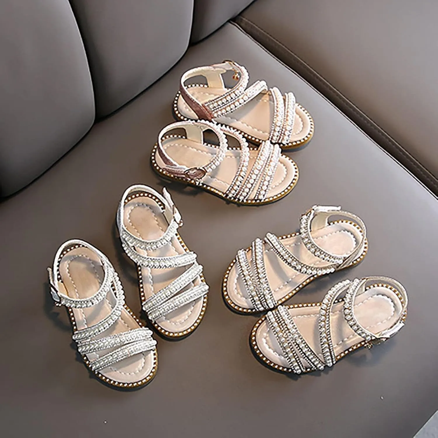 Strap Beaded Pearl Sequins Sandals for Girls Kids Princess Rubber Flat Wide Shoes Wedding Dance Open Toe Sandals Fancy