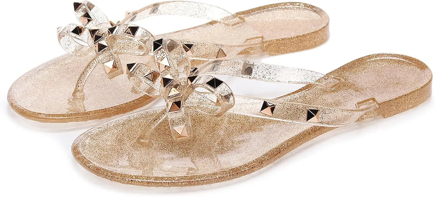 Studded Jelly Shoes for Womens Bow Flip Flops Jellies Sandals Flat Black Summer Beach Thong with Rivets Strappy Slides Slip On