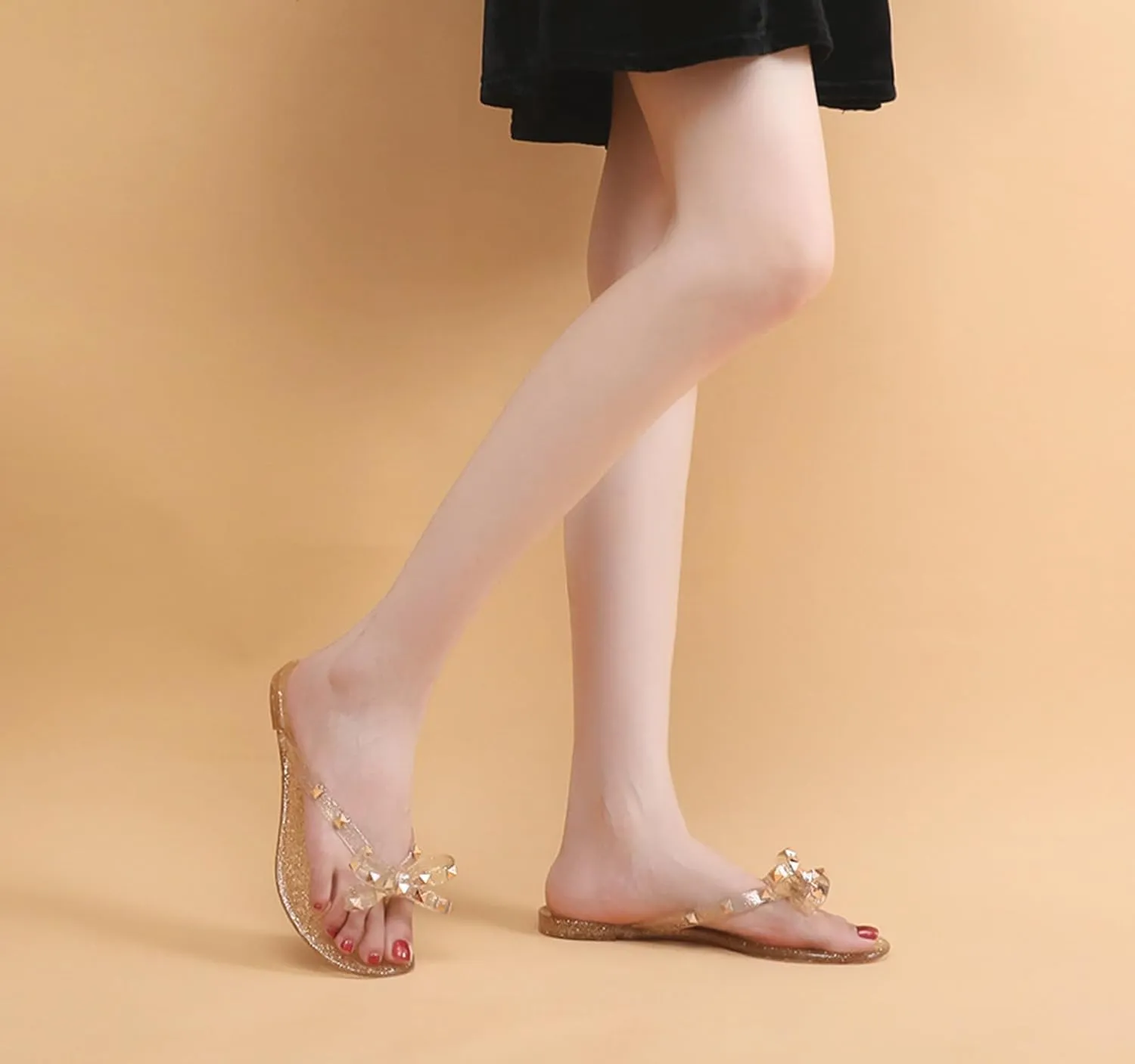 Studded Jelly Shoes for Womens Bow Flip Flops Jellies Sandals Flat Black Summer Beach Thong with Rivets Strappy Slides Slip On