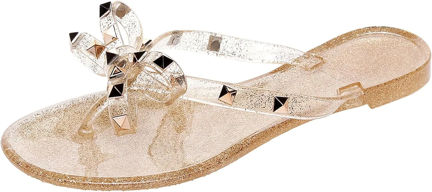 Studded Jelly Shoes for Womens Bow Flip Flops Jellies Sandals Flat Black Summer Beach Thong with Rivets Strappy Slides Slip On