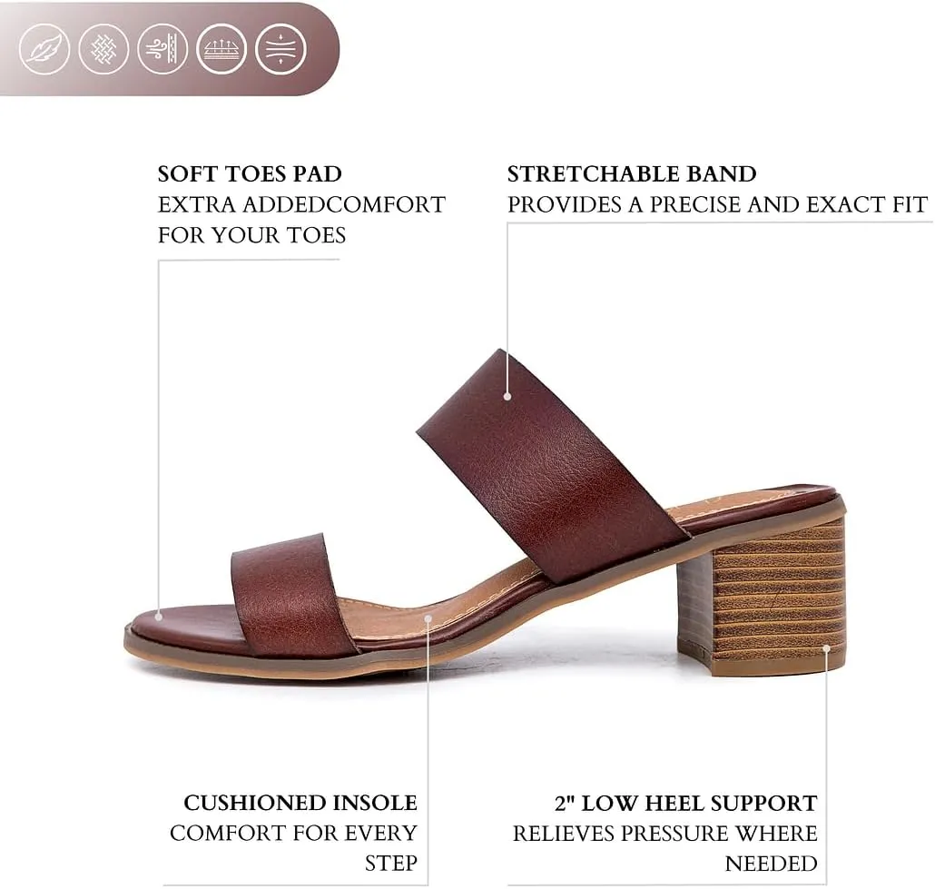 Sugar Women's Heeled Two Band Slide Sandal: Square Open Toe, Low Block Chunky Heels, Slip-On Comfort - Halo