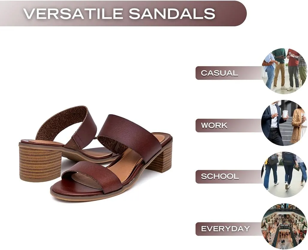 Sugar Women's Heeled Two Band Slide Sandal: Square Open Toe, Low Block Chunky Heels, Slip-On Comfort - Halo