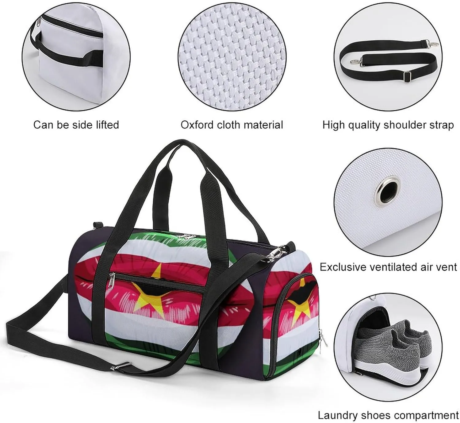 Suriname Flag Lips Sports Duffel Bag with Wet Pocket and Shoe Compartment Travel Weekender