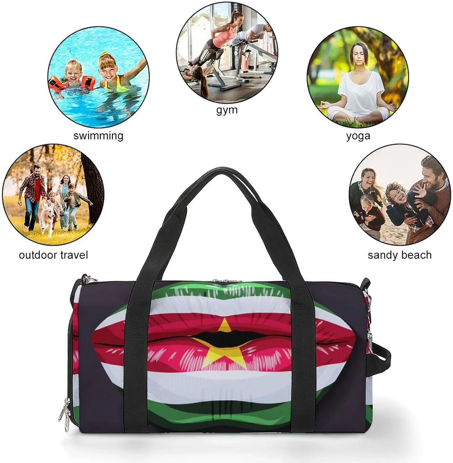 Suriname Flag Lips Sports Duffel Bag with Wet Pocket and Shoe Compartment Travel Weekender