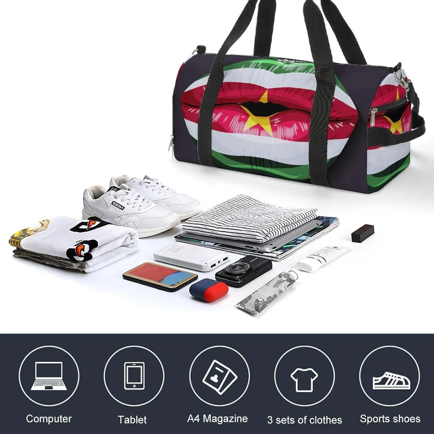 Suriname Flag Lips Sports Duffel Bag with Wet Pocket and Shoe Compartment Travel Weekender