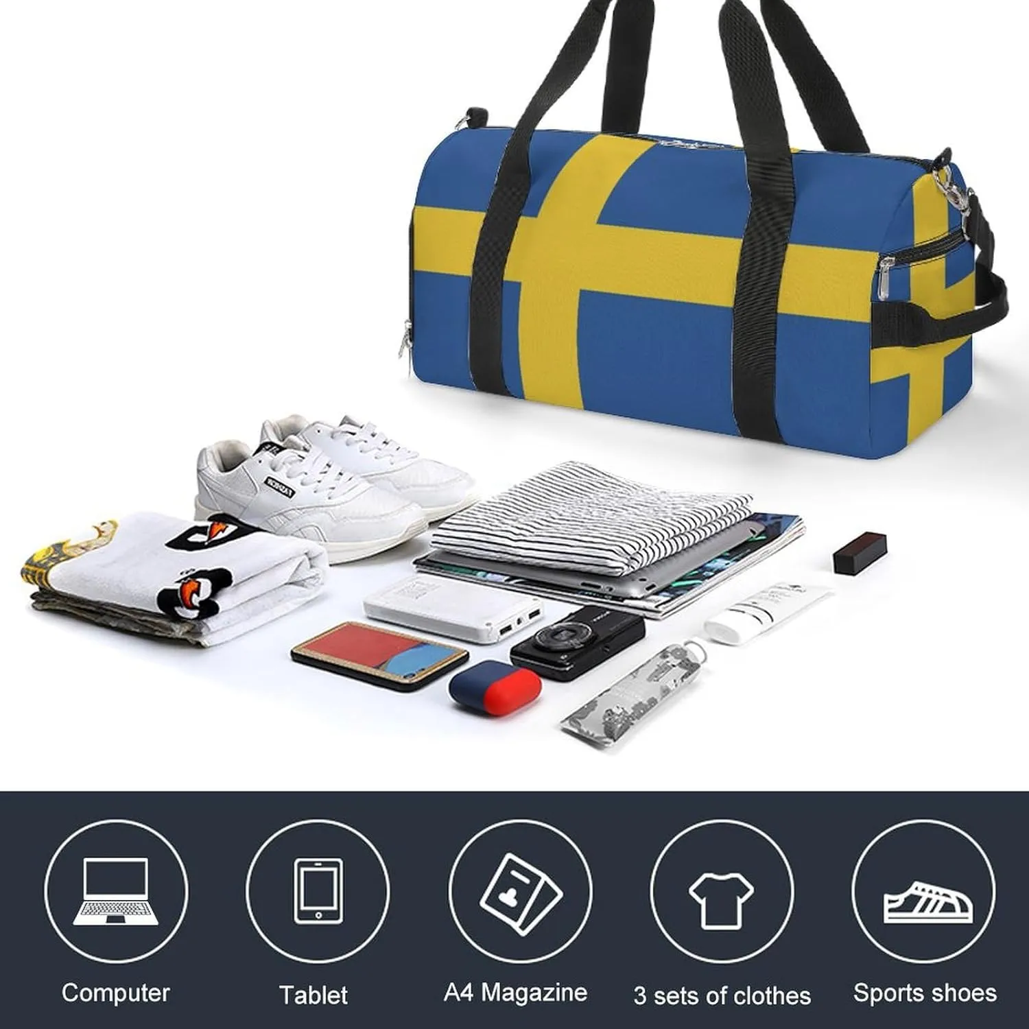Swedish Flag Duffel for Men Women with Shoe Compartment and Wet Pocket