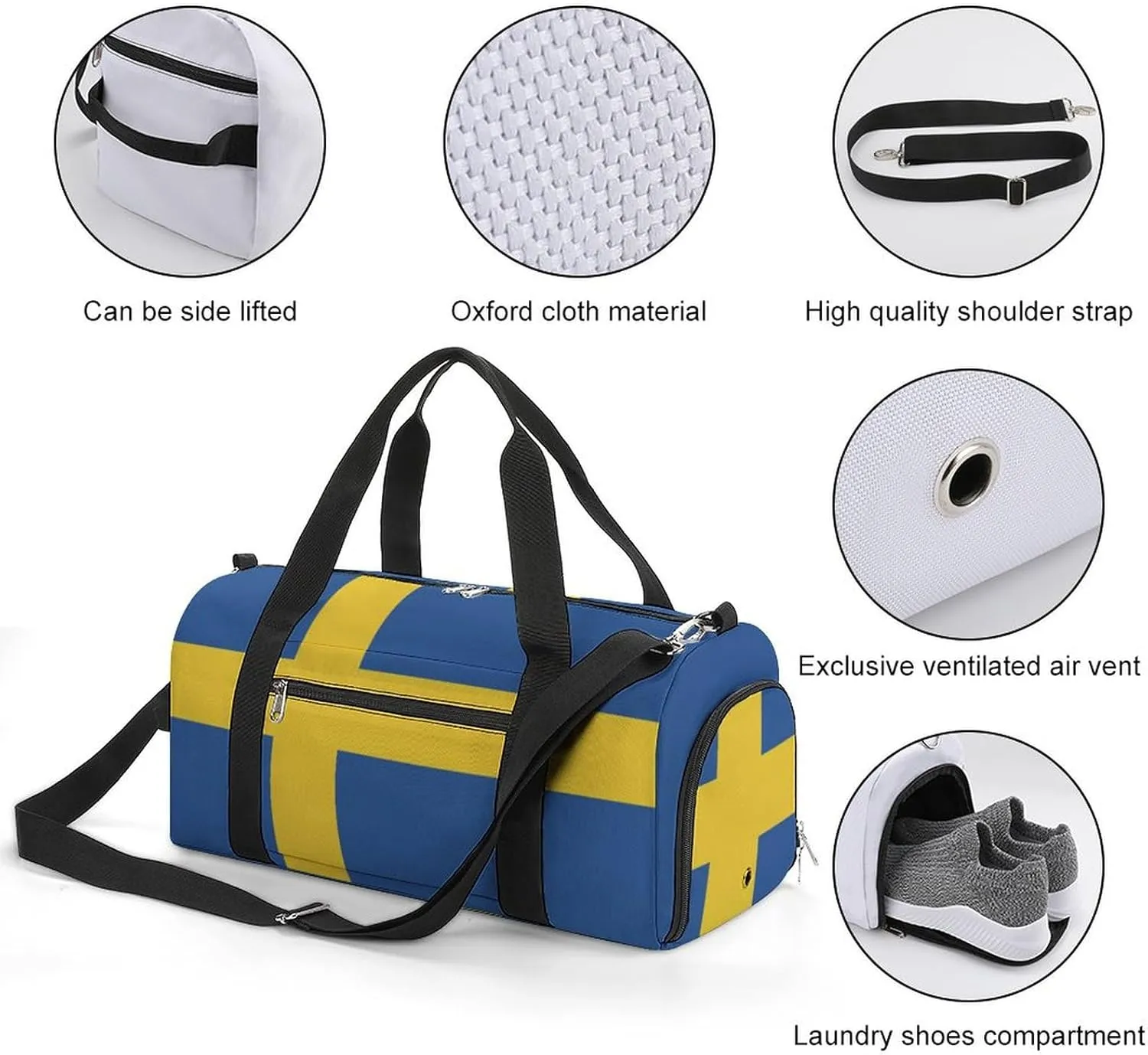 Swedish Flag Duffel for Men Women with Shoe Compartment and Wet Pocket