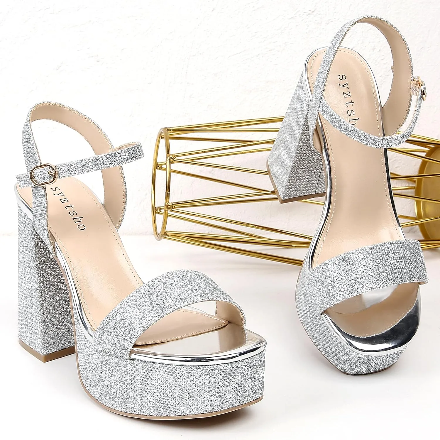 syztsho Platform Heels for Women Chunky High Heel Sandals Ankle Strap Open Toe Pump Wedding Sexy Block Heel Sdndals