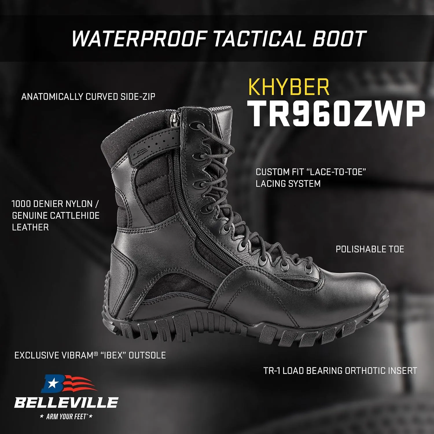 Tactical Research Khyber TR960Z WP 8 Inch Tactical Boots for Men with Zipper - Lightweight Waterproof Black Leather Designed for Police and EMS with Vibram Traction Outsole