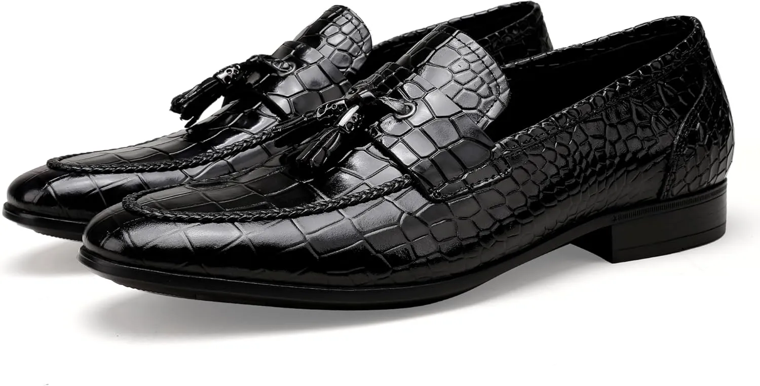 Tassel Loafer for Mens, Casual Crocodile Printed Tassel Dress Shoes Leather Slip-on Penny Loafer for Men