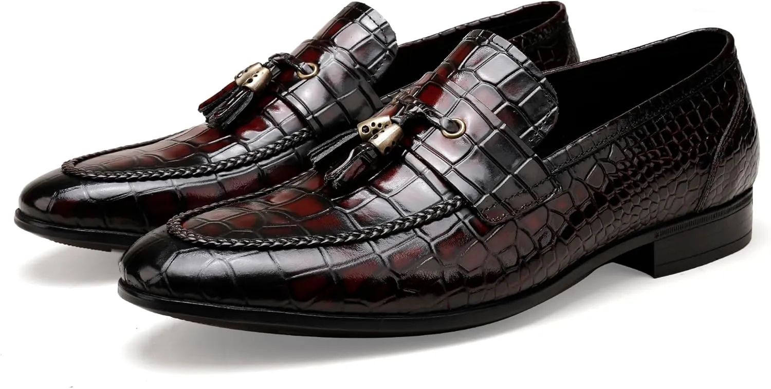 Tassel Loafer for Mens, Casual Crocodile Printed Tassel Dress Shoes Leather Slip-on Penny Loafer for Men