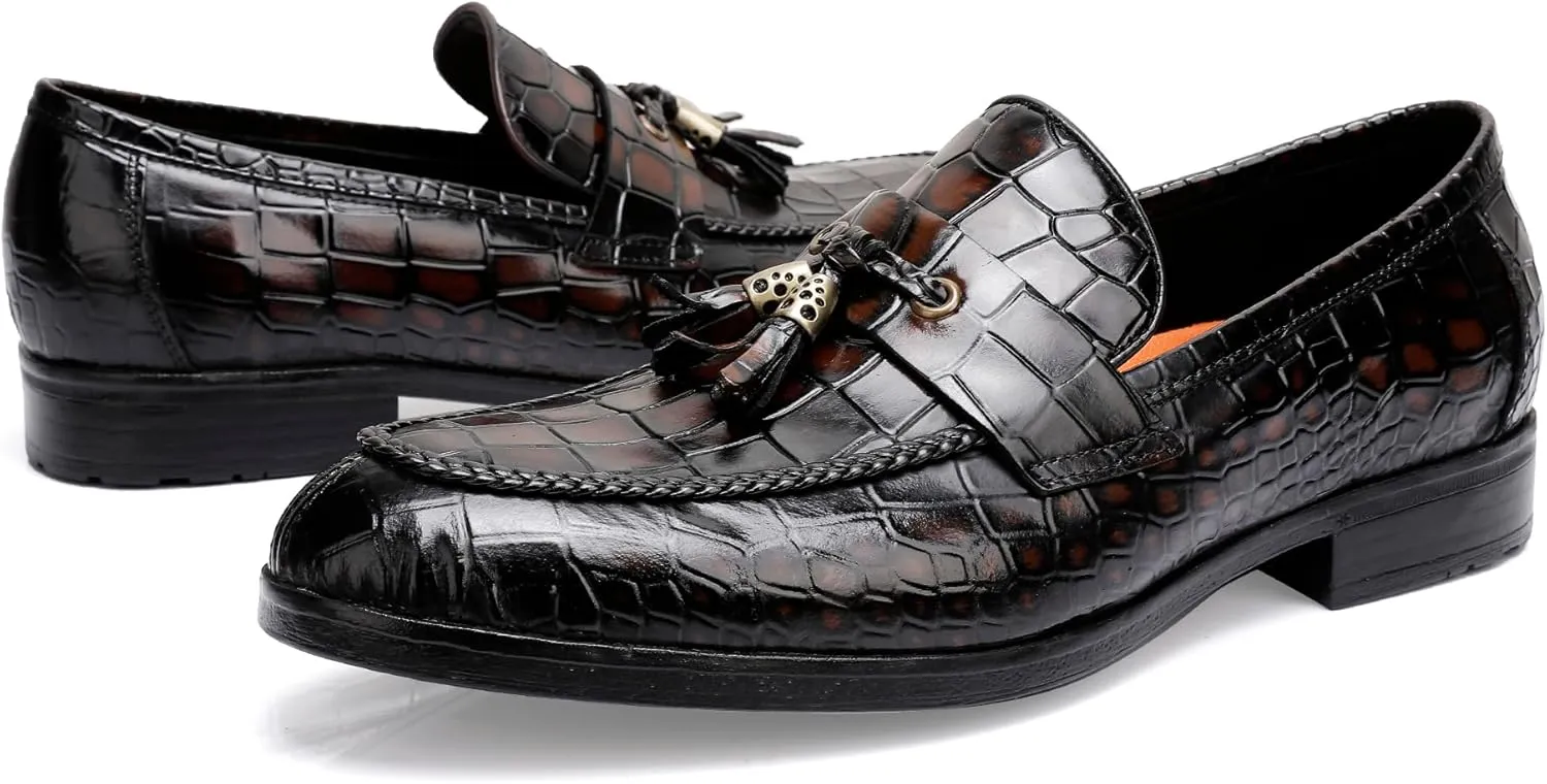 Tassel Loafers for Men, Crocodile Pattern Dress Shoes with Tassel Casual Classic Penny Loafers