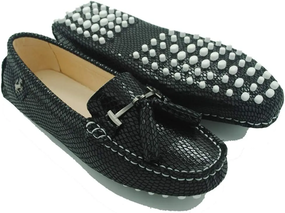TDA Womens Casual Comfort Slip-on Metal Button Tassel Leather Driving Walking Leisure Weekend Loafers Boat Shoes