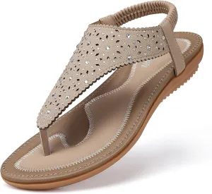 TEMOFON Flats Sandals for Women Dressy: Elastic Ankle Strap Flat - T-Strap Thong Sandal Women - Comfortable Beach Sandals Size 5-10
