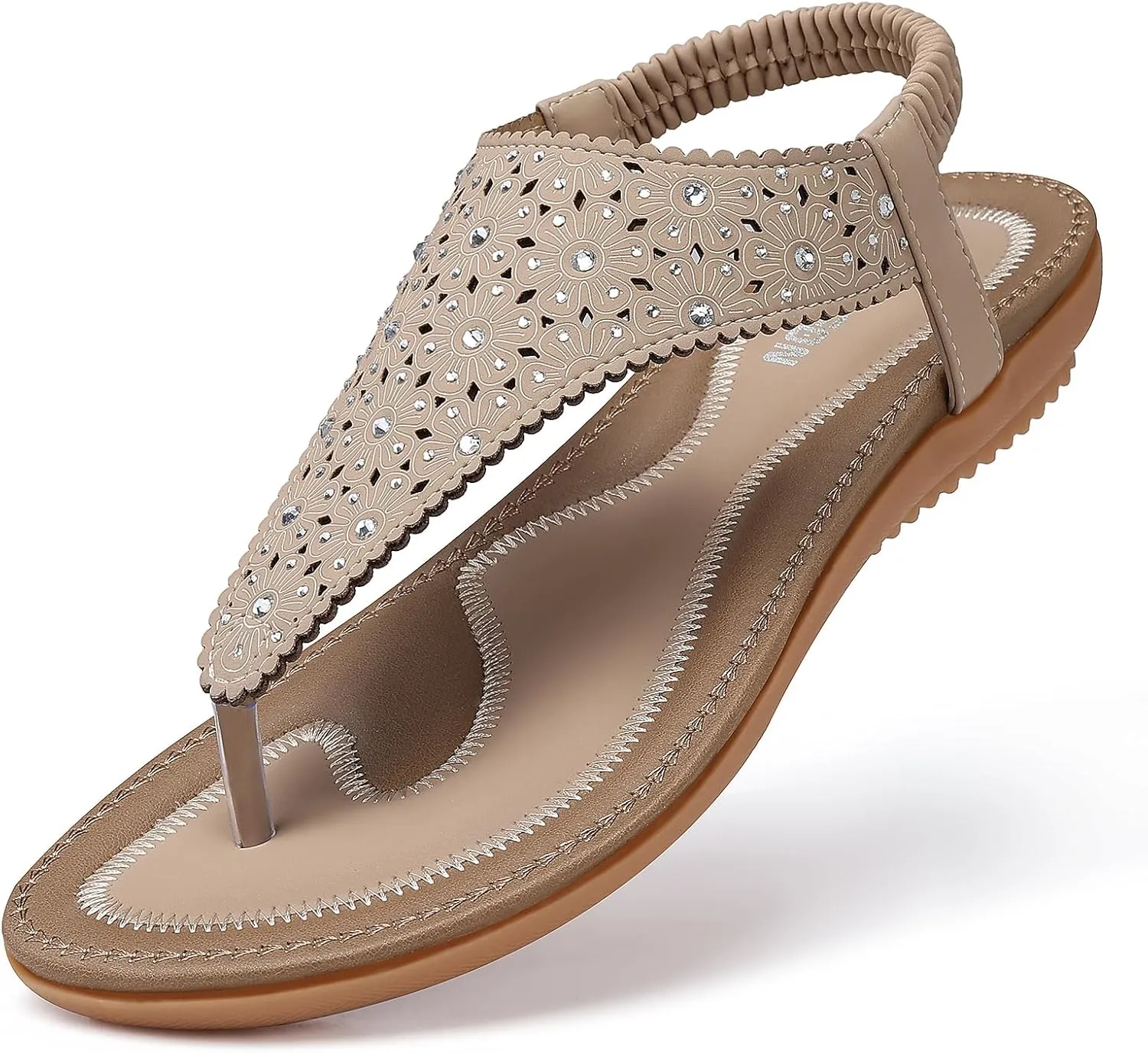TEMOFON Flats Sandals for Women Dressy: Elastic Ankle Strap Flat - T-Strap Thong Sandal Women - Comfortable Beach Sandals Size 5-10