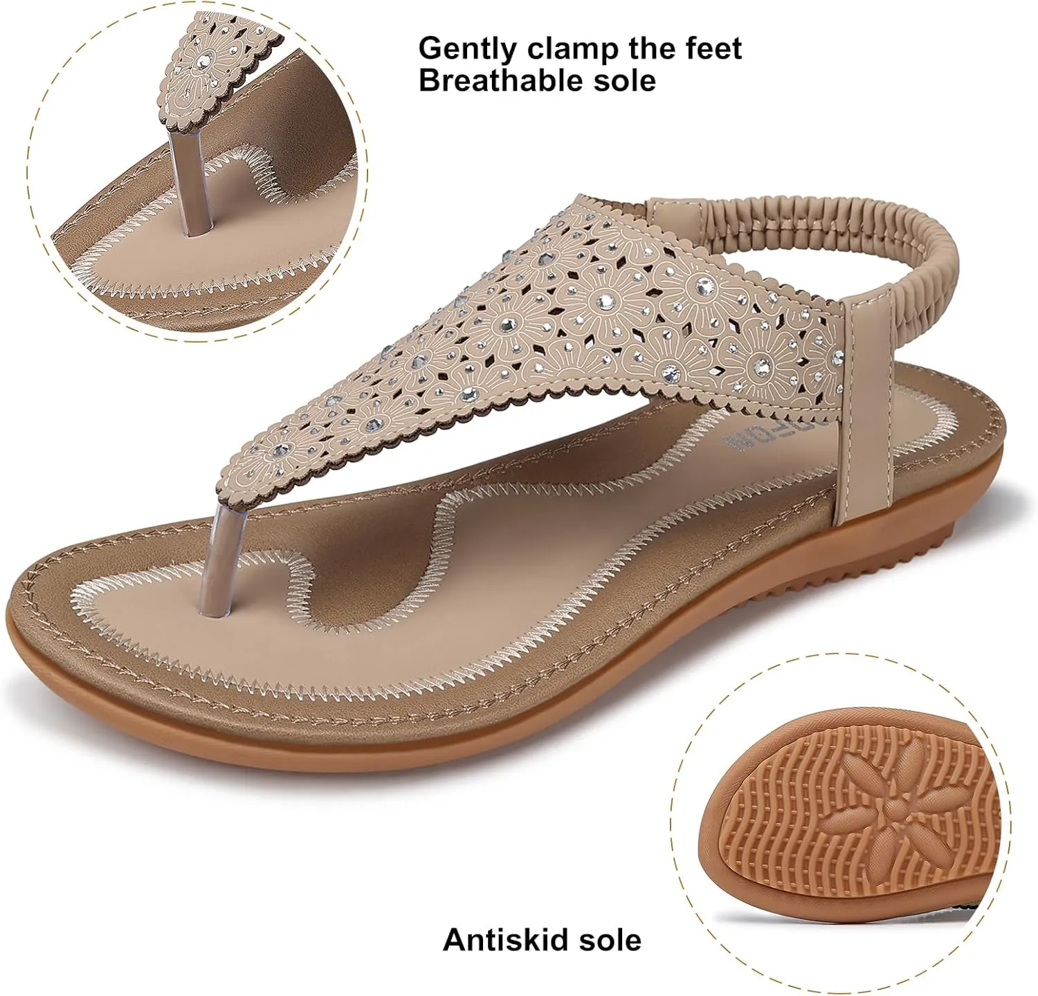 TEMOFON Flats Sandals for Women Dressy: Elastic Ankle Strap Flat - T-Strap Thong Sandal Women - Comfortable Beach Sandals Size 5-10