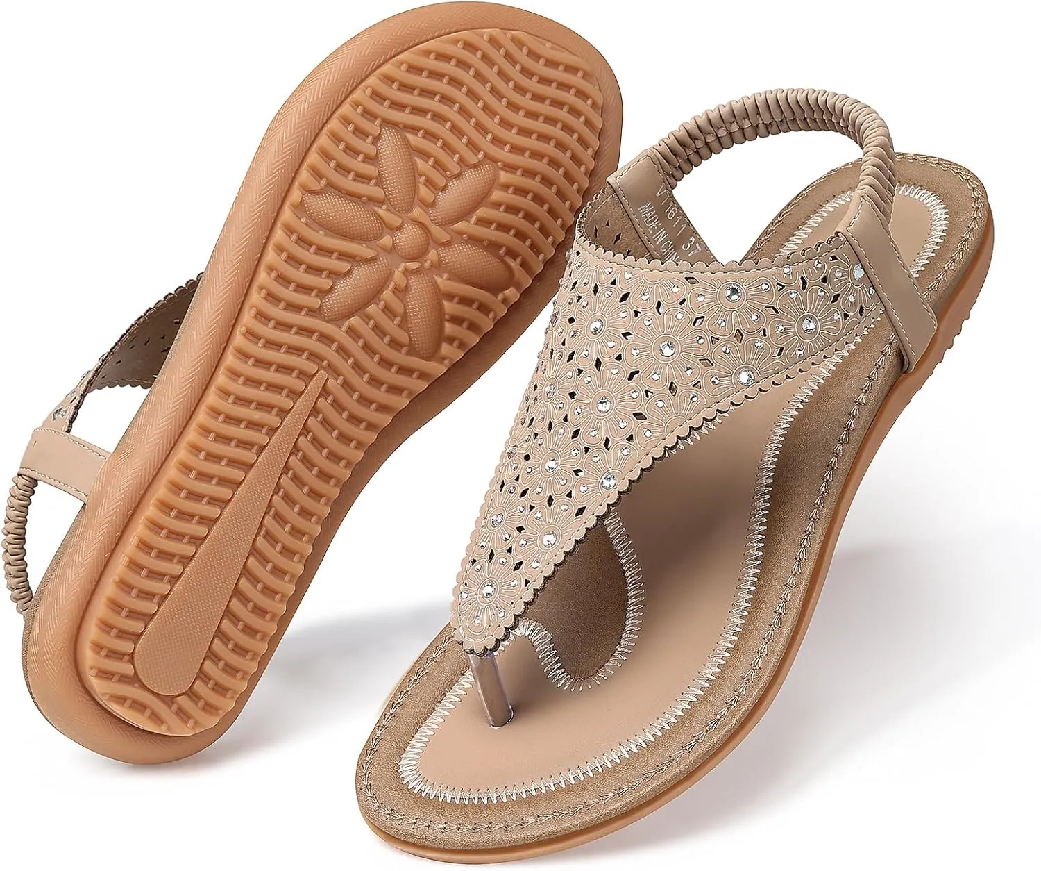 TEMOFON Flats Sandals for Women Dressy: Elastic Ankle Strap Flat - T-Strap Thong Sandal Women - Comfortable Beach Sandals Size 5-10
