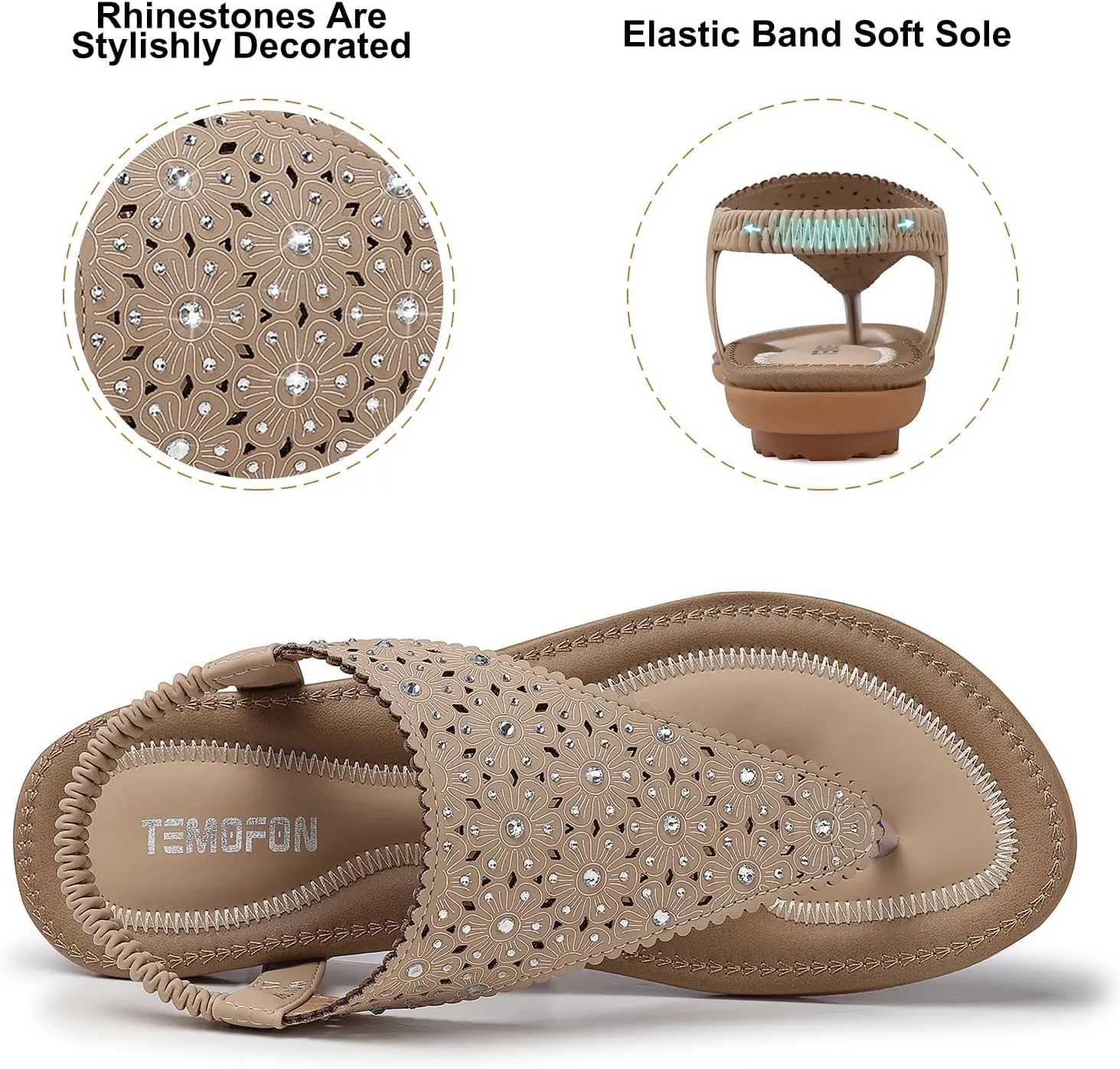 TEMOFON Flats Sandals for Women Dressy: Elastic Ankle Strap Flat - T-Strap Thong Sandal Women - Comfortable Beach Sandals Size 5-10