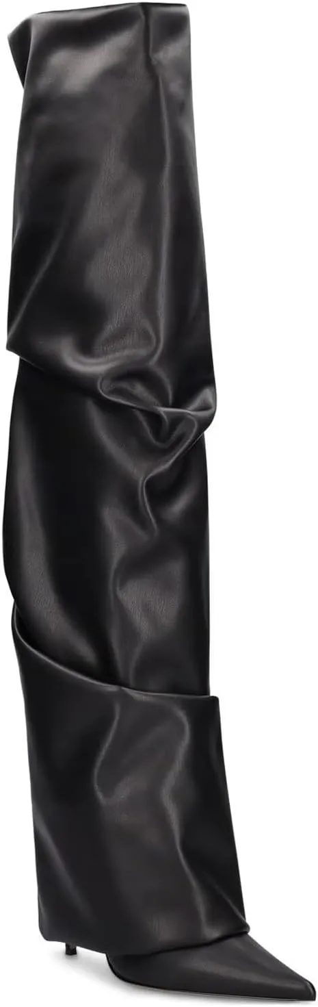 THESHY Women's Fold Over Boots Thigh High Over The Knee Boots Pointed Toe Stiletto High Heel Leather Boots Pull-on Fashion Dress Shoes
