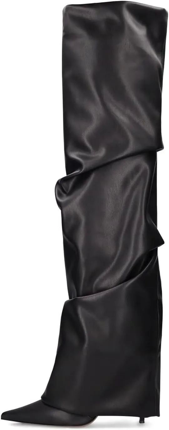 THESHY Women's Fold Over Boots Thigh High Over The Knee Boots Pointed Toe Stiletto High Heel Leather Boots Pull-on Fashion Dress Shoes