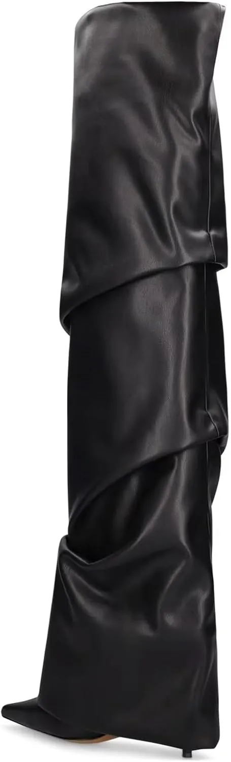 THESHY Women's Fold Over Boots Thigh High Over The Knee Boots Pointed Toe Stiletto High Heel Leather Boots Pull-on Fashion Dress Shoes